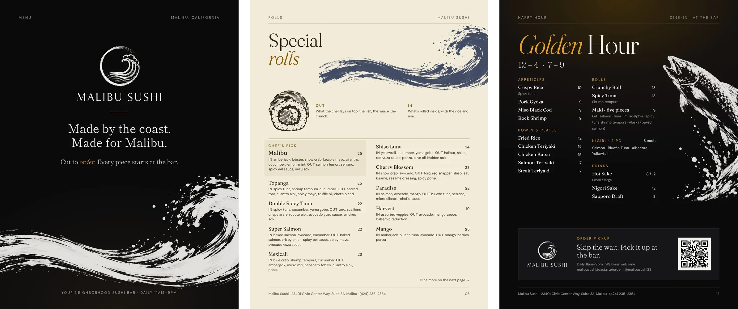 Three pages of the Malibu Sushi printed menu: a black cover with a white wave, a cream Special rolls page with an indigo wave, and a black Golden Hour page with a leaping fish