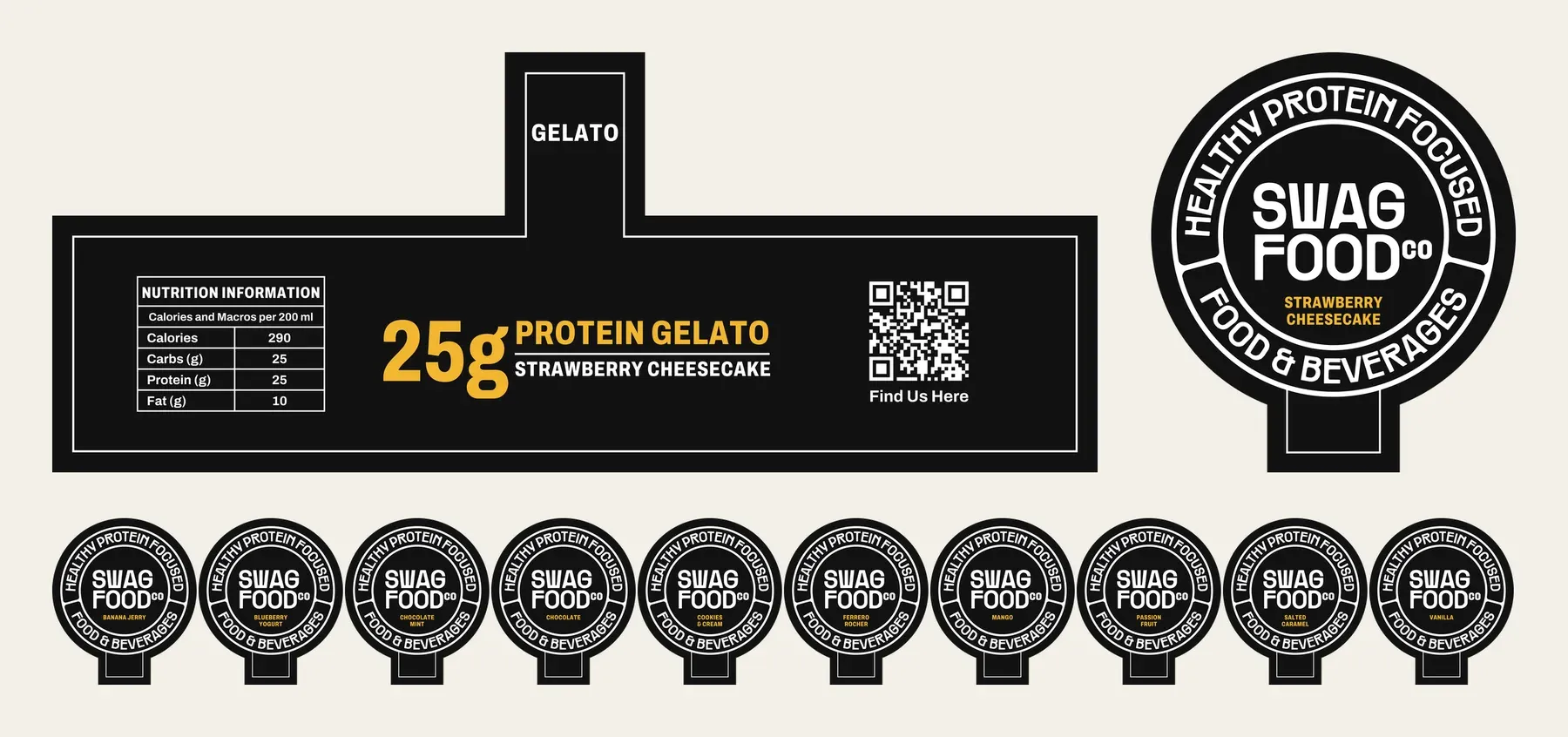 Gelato jar label: a black band with 25 g protein gelato, nutrition facts and a QR code, and round lid stickers