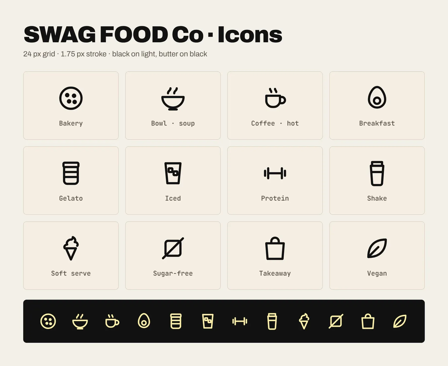 A sheet of twelve line icons for Swag Food Co, shown black on cream and butter on black