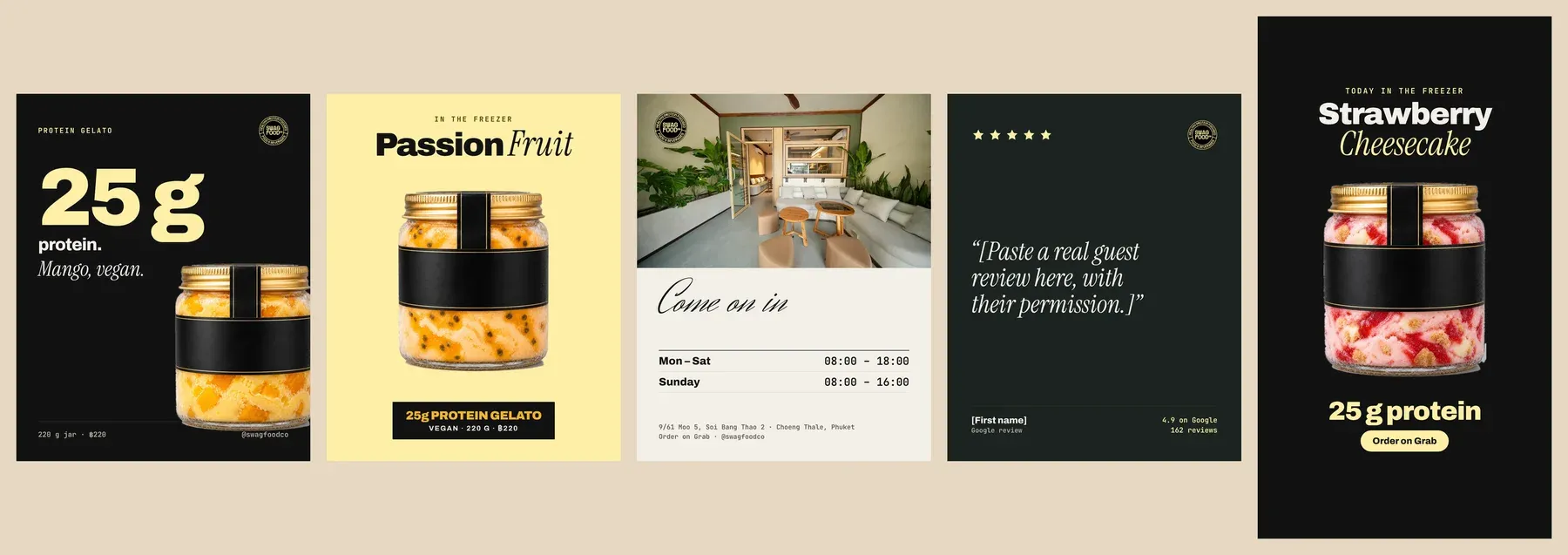 Five Instagram post templates for Swag Food Co: protein grams, a flavour, opening hours, a review and a story