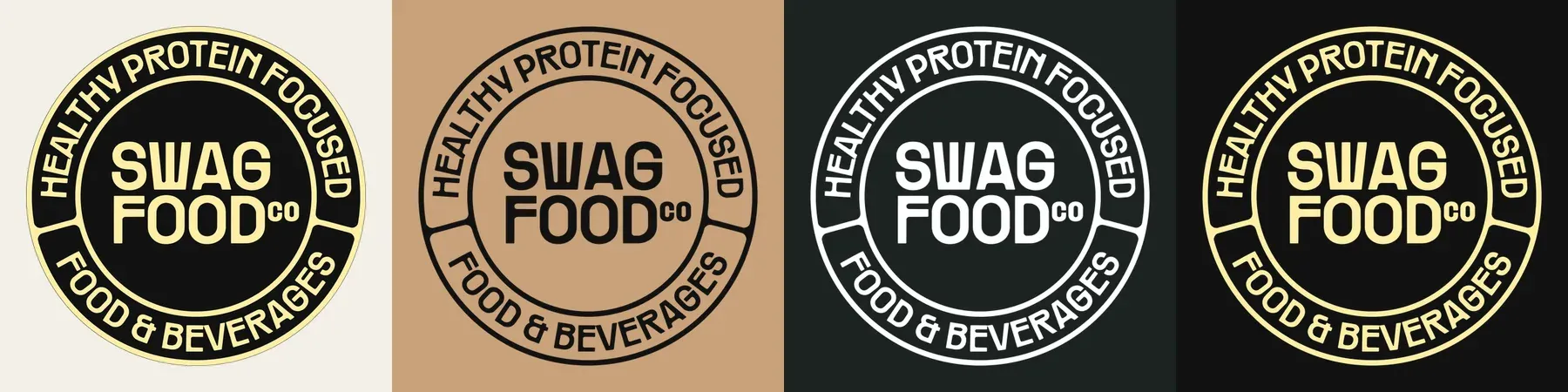 The Swag Food Co round seal logo in four versions: color on cream, on kraft, white on black and butter on black