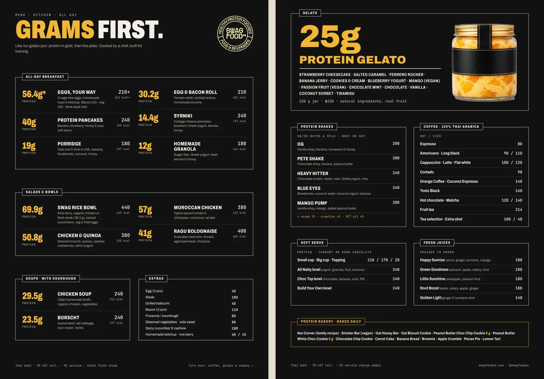 The Swag Food Co A3 menu, both sides, black with protein grams in gold next to each dish
