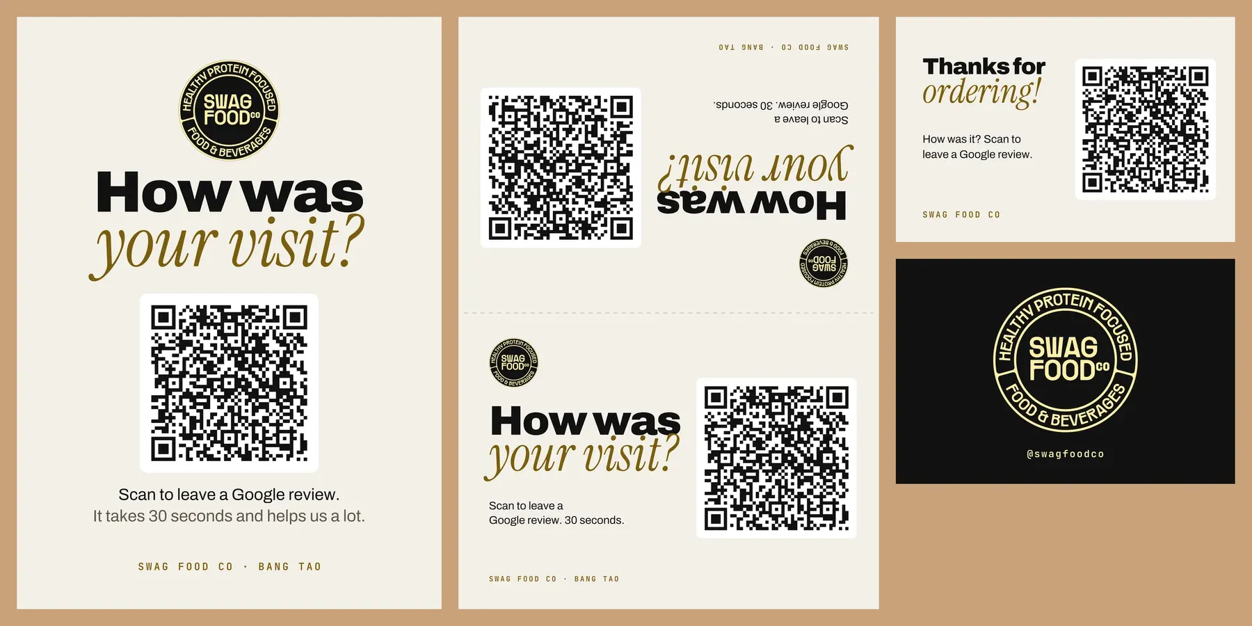 Three printed cards asking How was your visit, each with a QR code to leave a Google review